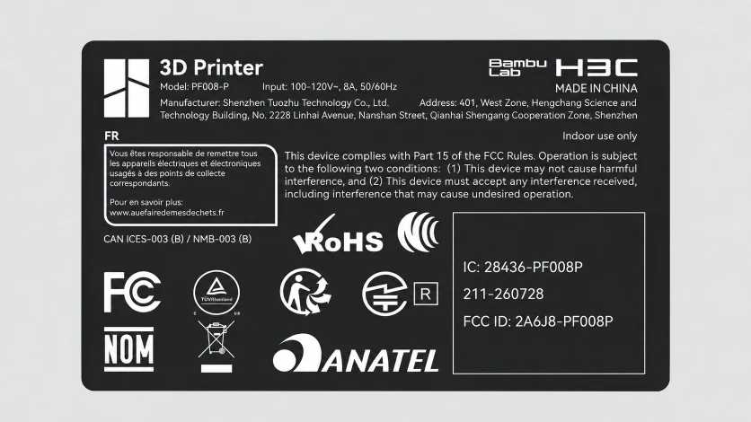 FCC compliance label naming the Bambu Lab H3C 3D Printer, model PF008-P