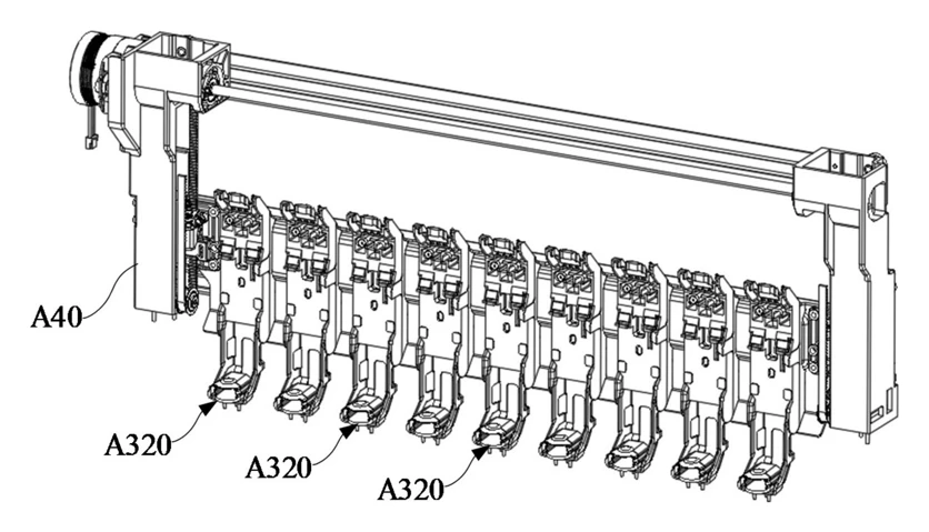 Patent drawing of the hotend rack on its own, showing nine bays in a row