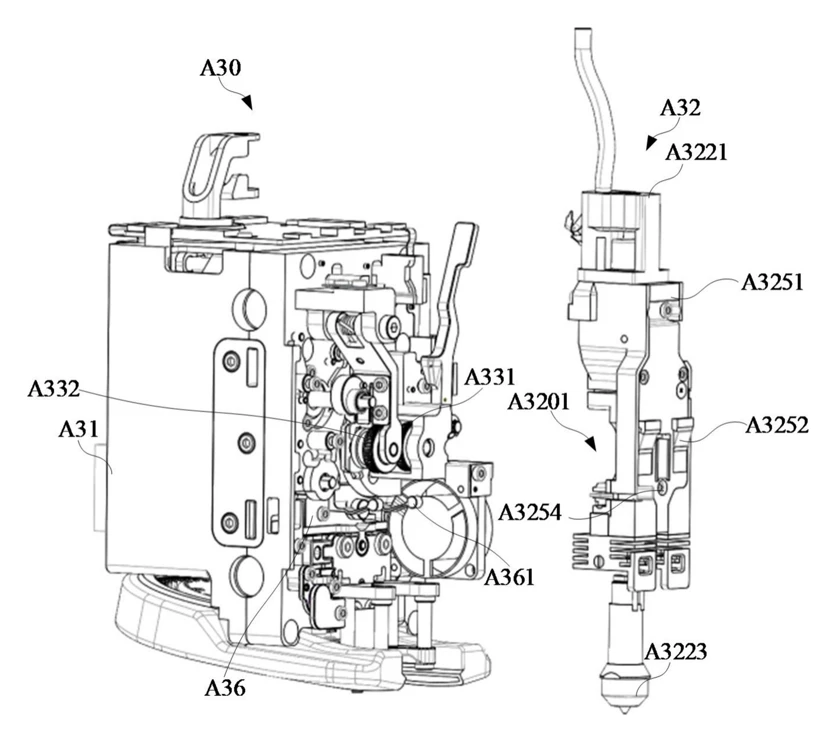 Patent drawing showing the toolhead and the detachable hotend as separate assemblies