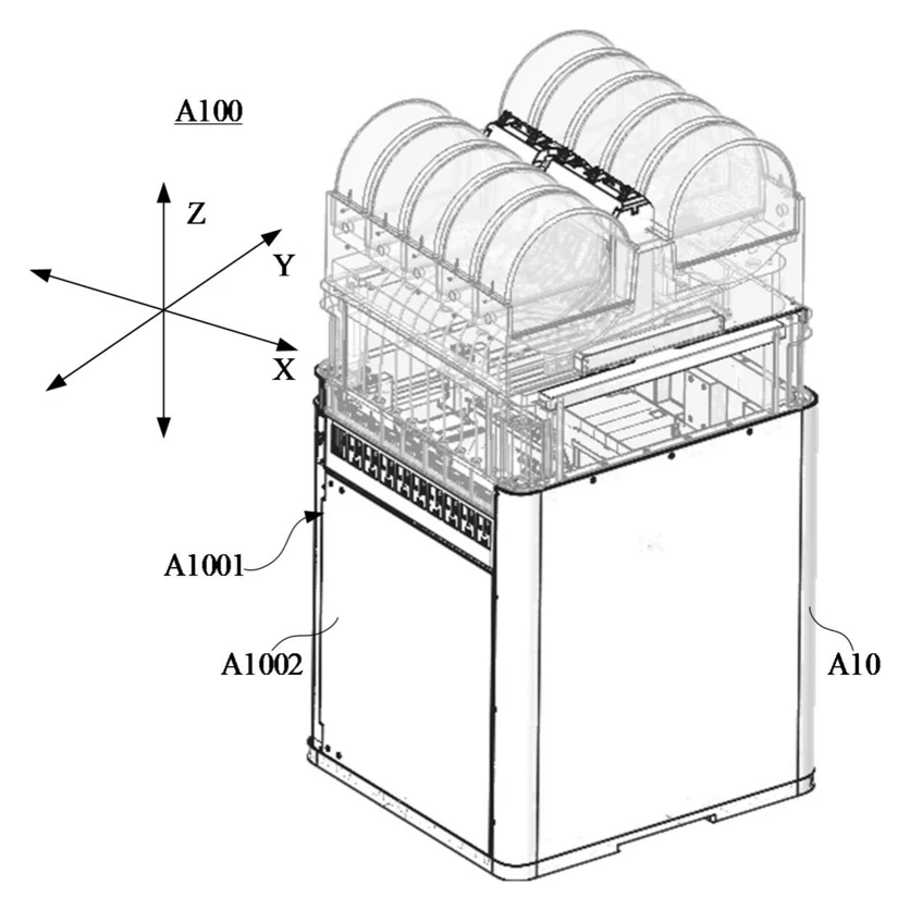Patent drawing of the printer with its panels on and filament stored on top