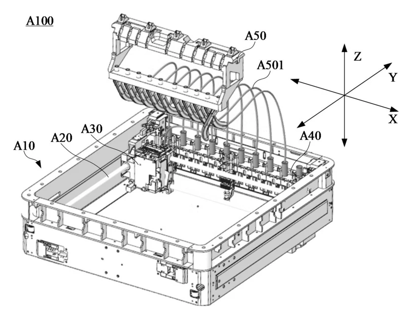 Patent drawing of the printer interior, seen from above with the lid lifted off