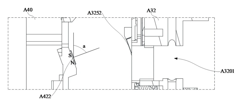 Patent drawing showing the tilted magnet and armature faces, with the angle marked