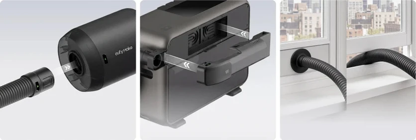 The Exhaust Fan Kit installation sequence: the hose attaches to the fan, the duct fits over the E1's air outlet, and the opposite end must reach a window