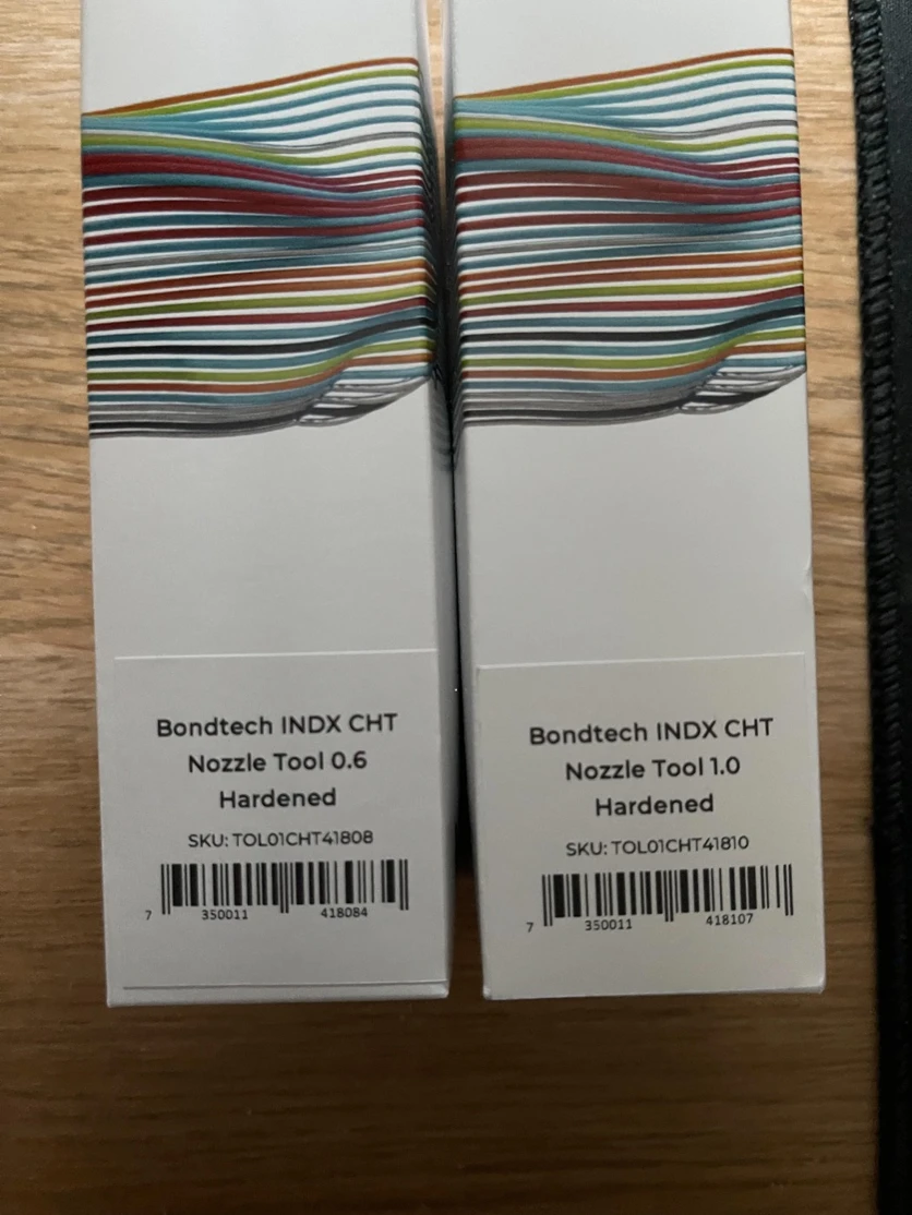 Delivered Founders Edition boxes: 'Bondtech INDX CHT Nozzle Tool 0.6 Hardened' and '1.0 Hardened', SKUs included