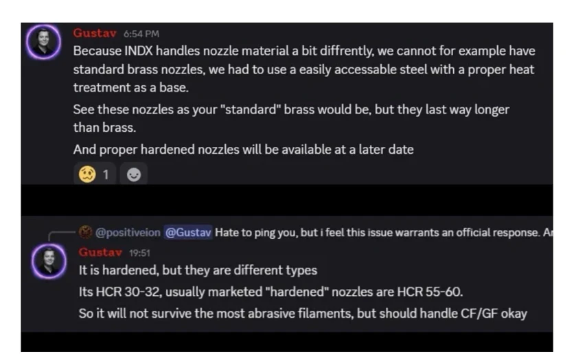 Bondtech staffer Gustav on the company Discord: the shipped nozzles are HRC 30-32, where marketed hardened nozzles are HRC 55-60, with proper hardened nozzles 'available at a later date'