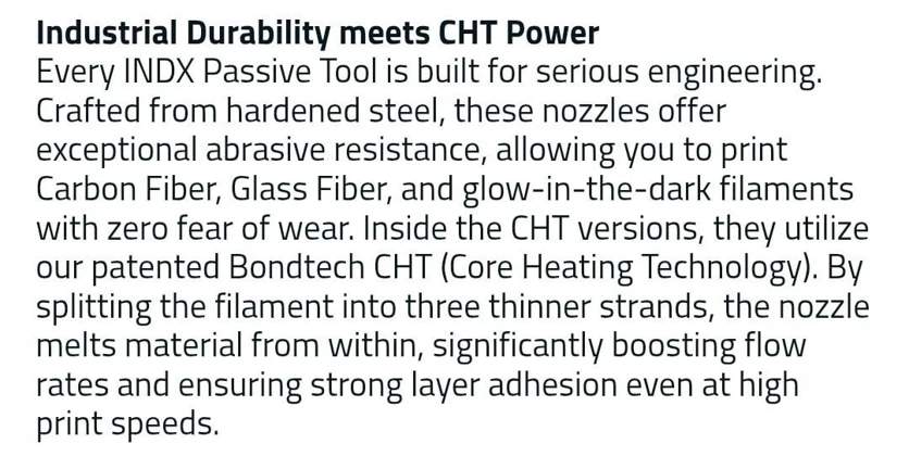The paragraph that sold the nozzles, as it ran across Bondtech's INDX pages from the Founders Edition to the Development Kit
