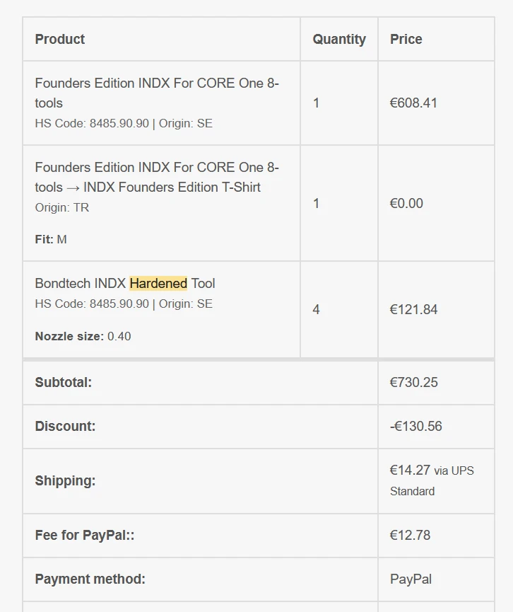 A Founders Edition invoice: four 'Bondtech INDX Hardened Tool' line items alongside the 8-tool kit