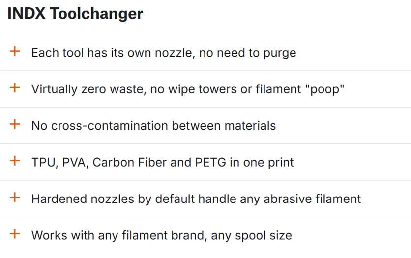 Prusa's INDX conversion kit page, July 18, 2026: 'Hardened nozzles by default handle any abrasive filament' still among the toolchanger's selling points