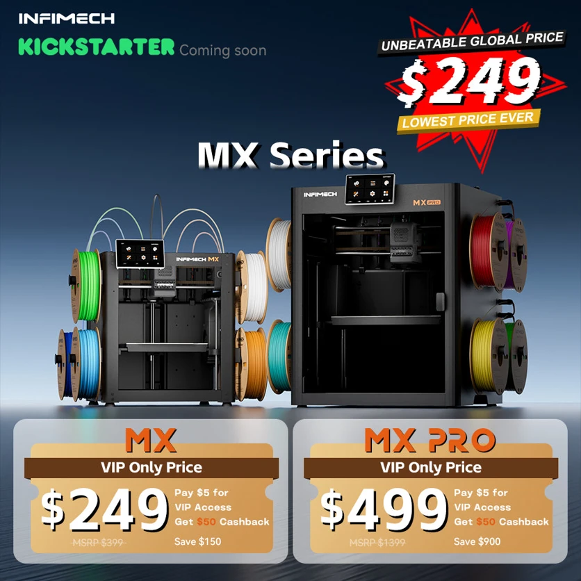 InfiMech's current pricing graphic: the open-frame MX at a $249 VIP price against a $399 MSRP, next to the enclosed MX Pro at $499 against a $1,399 MSRP, each with a $5 VIP Access deposit and $50 cashback