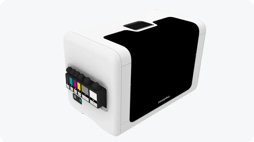 The rear cartridge bay of the Morpho UV Printer: six slots (CMYK, varnish, white) on the standard F1080 model; Morpho says it takes both proprietary and refillable cartridges