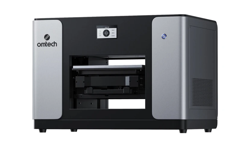 The OMTech Spectra A3+ dual-head UV flatbed: a 350 x 450 mm bed with a vacuum table and infrared height detection, aimed at batch work