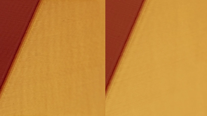 Prusa's side-by-side of the same two-color wall, its illustration for the GT1.5 belts: fine repeating ripples on the left, a smooth surface on the right (Prusa Research)