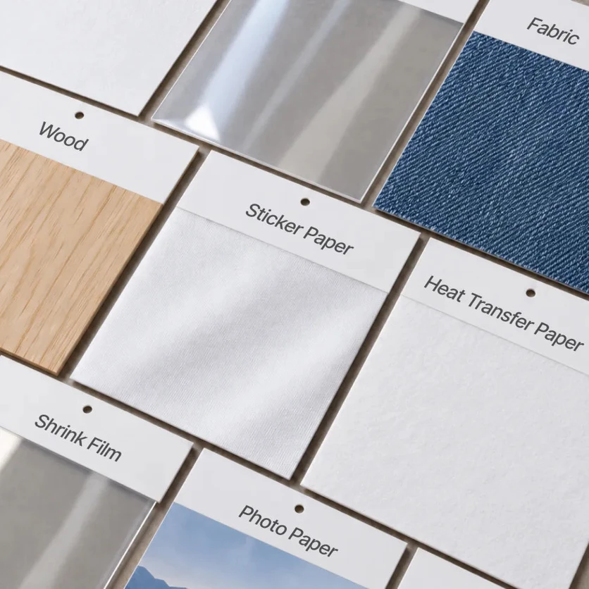 Official xTool C1 material samples including wood, fabric, sticker paper and heat-transfer paper