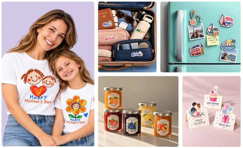 xTool C1 project examples showing decorated clothing, stickers, jar labels and greeting cards