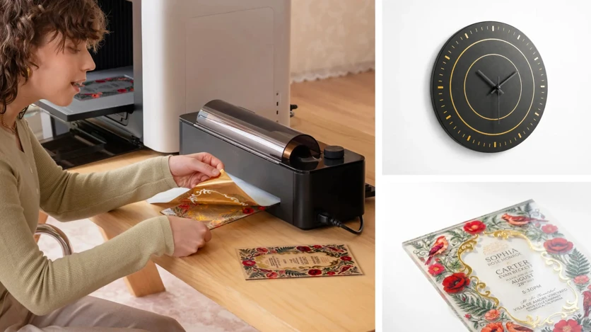 Premium foiling on the O1 Omni: the Laminator adds gold, silver, or holographic finishes to UV prints, here on acrylic wedding invitations