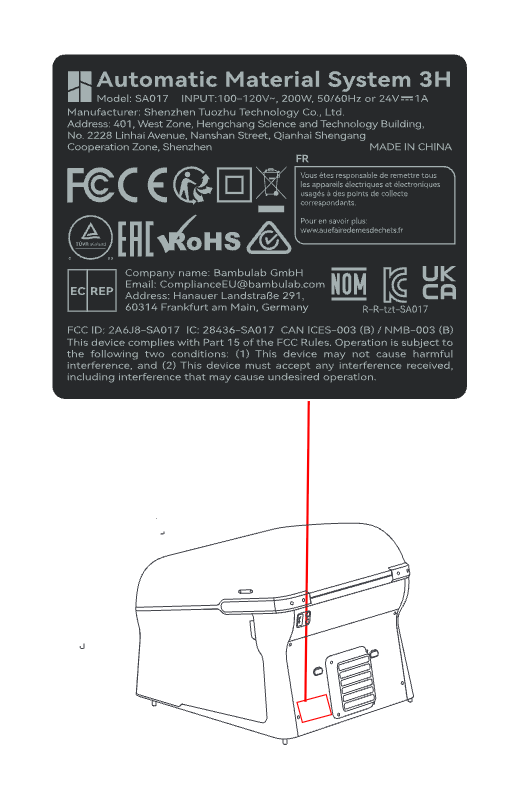FCC-Typenschild und Gehäusezeichnung des Bambu Lab AMS 3H